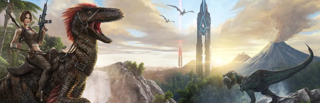 ARK: Survival Ascended — a survivor riding a raptor past an obelisk at sunset