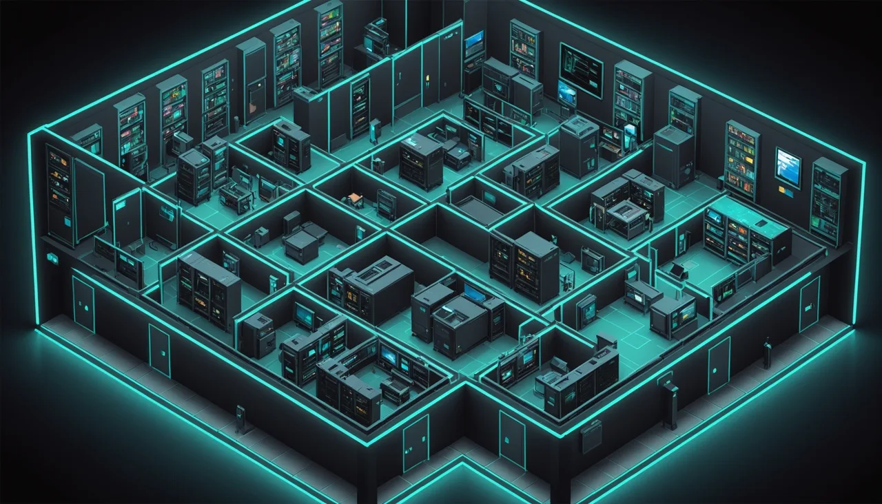 An isometric neon-lit data centre hall with rows of server racks — game server hosting in Europe