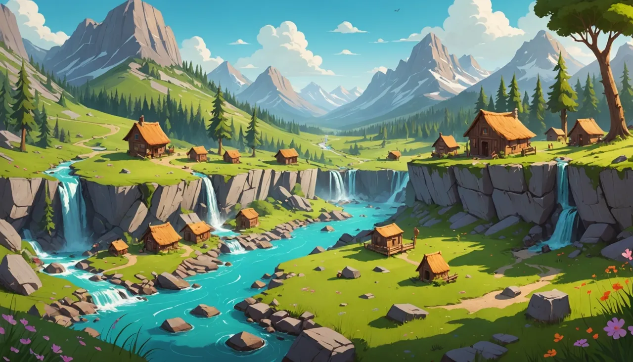 A bright cartoon mountain valley with waterfalls and scattered wooden camps — hosting a Palworld server