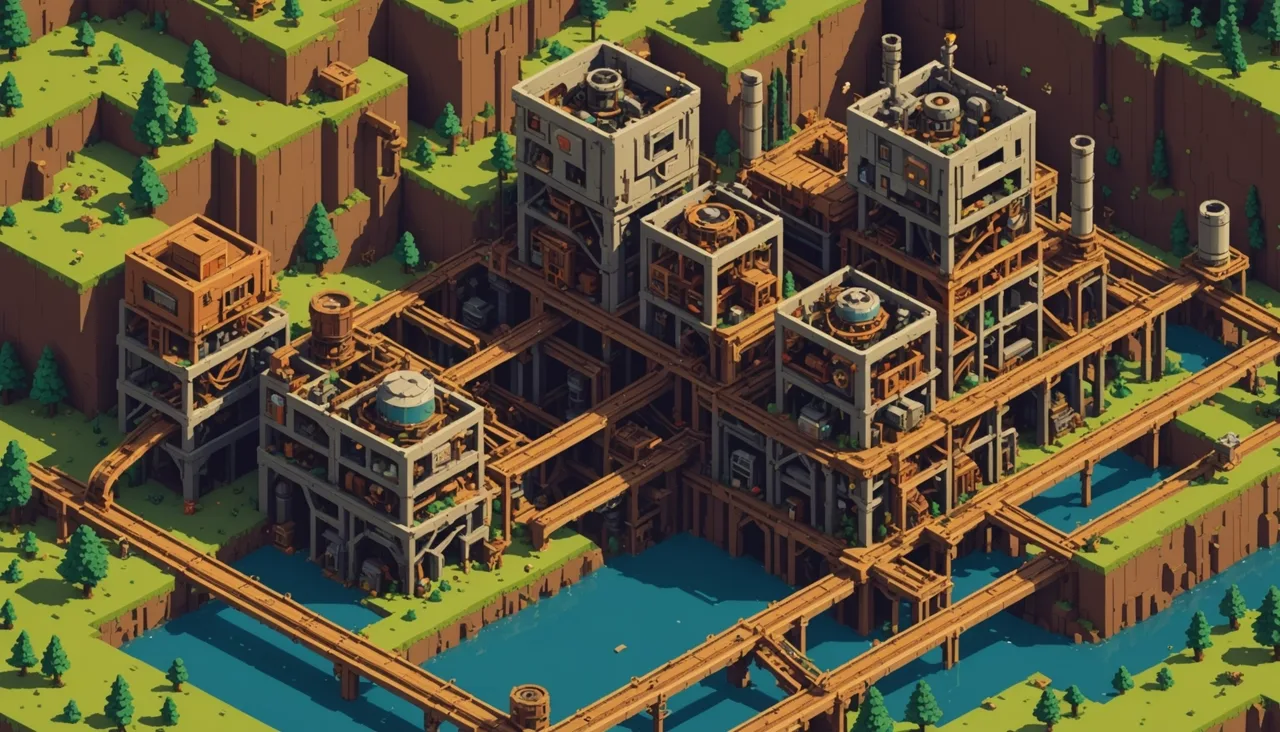 An isometric voxel factory of gears, pipes and conveyor bridges — installing Forge modpacks on a server