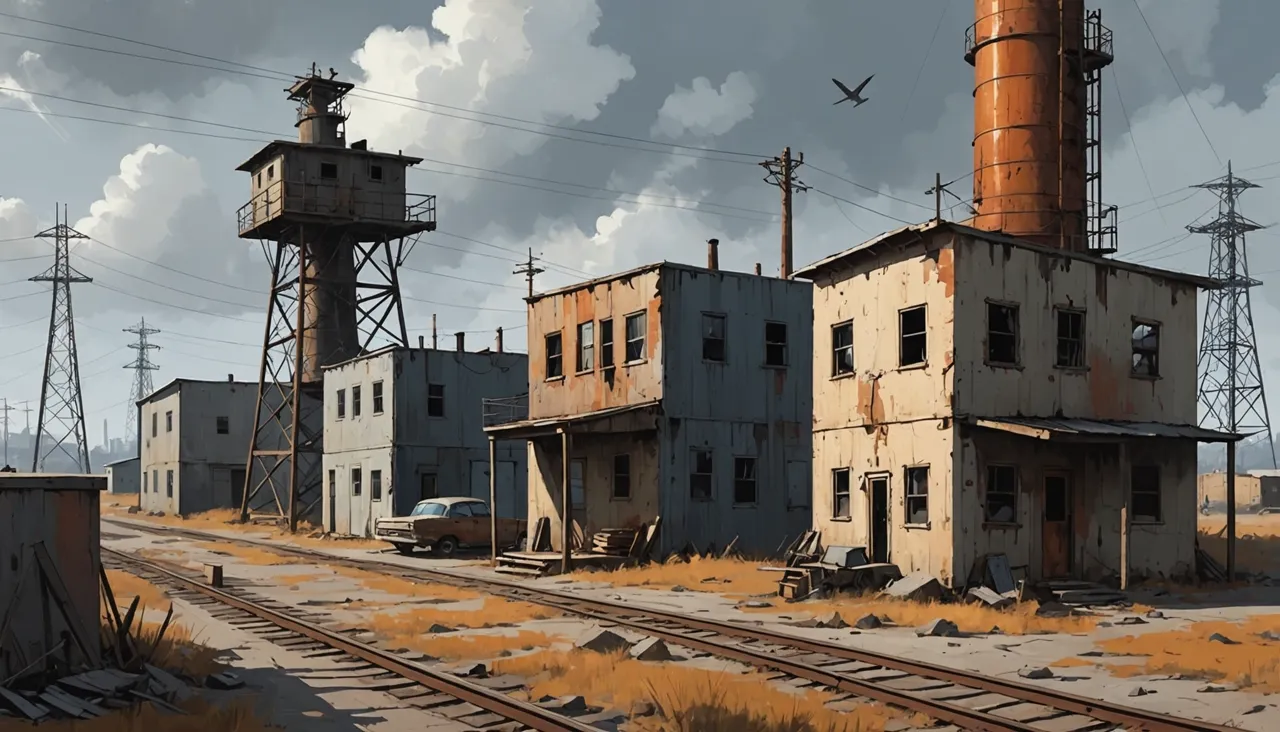 A rusted industrial outpost of corrugated shacks and a watchtower under heavy cloud — making a Rust server