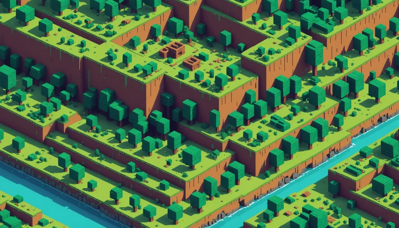 A clean isometric voxel terrain of stepped green plateaus and a river — reducing Minecraft server lag