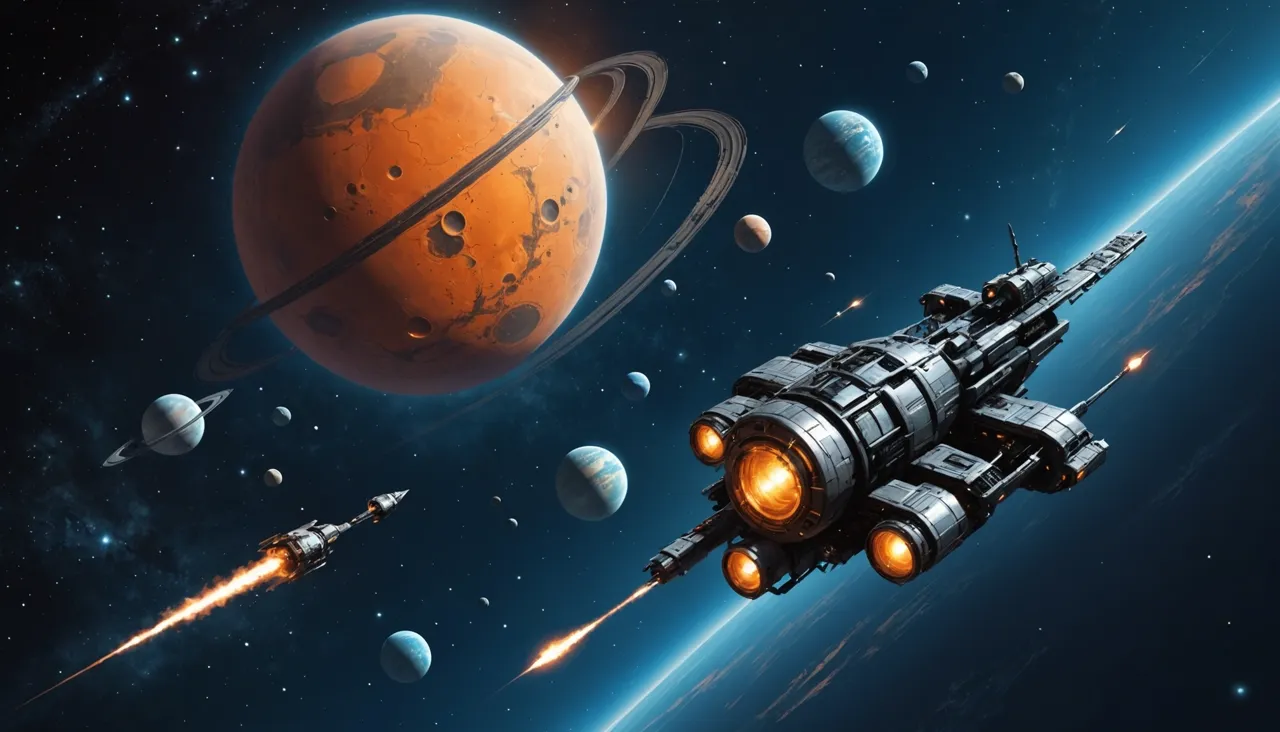 Angular fighter craft banking past a ringed planet in deep space — setting up a DarkOrbit server