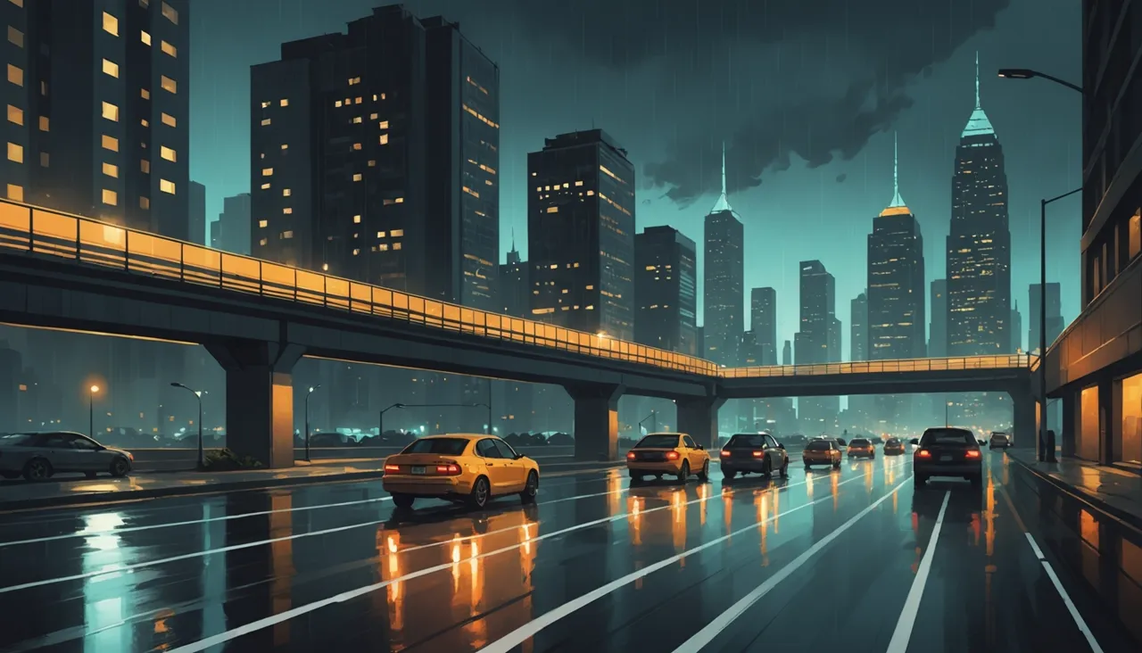 A rain-slick city highway at night with cars under an overpass and a lit skyline — setting up a FiveM roleplay server