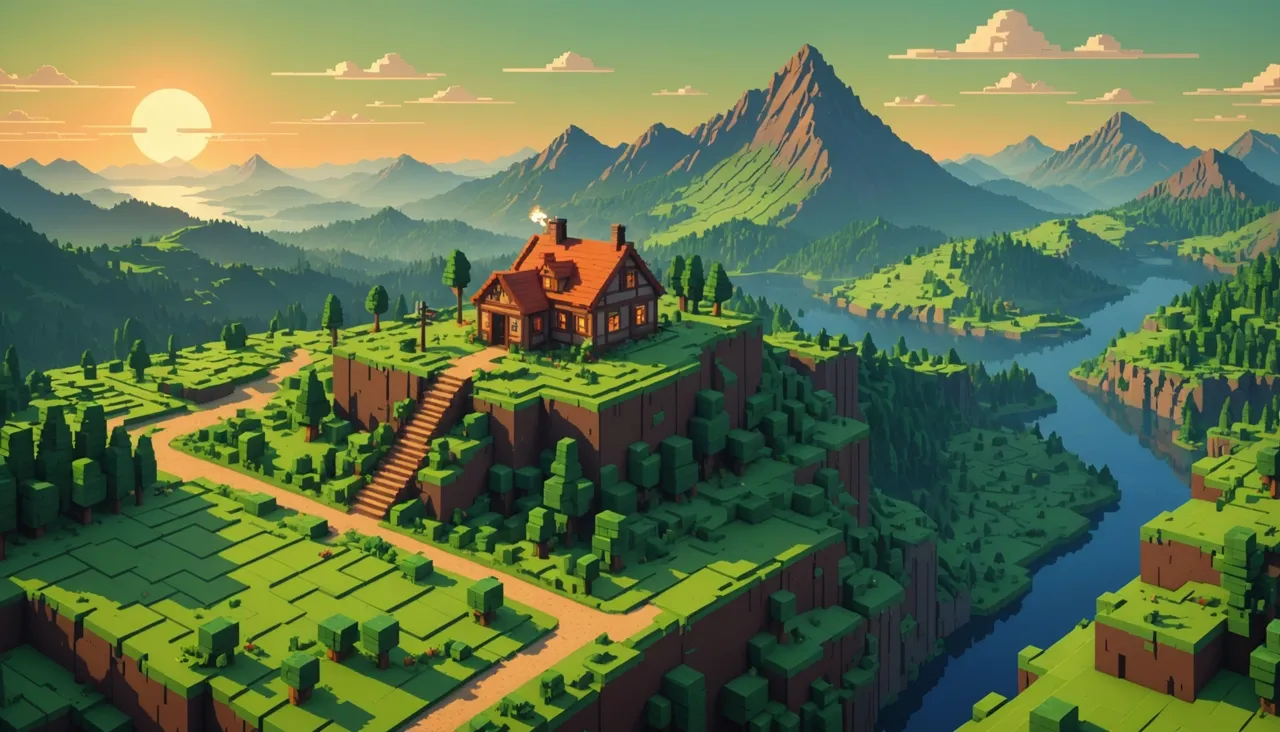 A voxel landscape at sunrise with a small timber house on a cliff above a river — setting up a Minecraft server