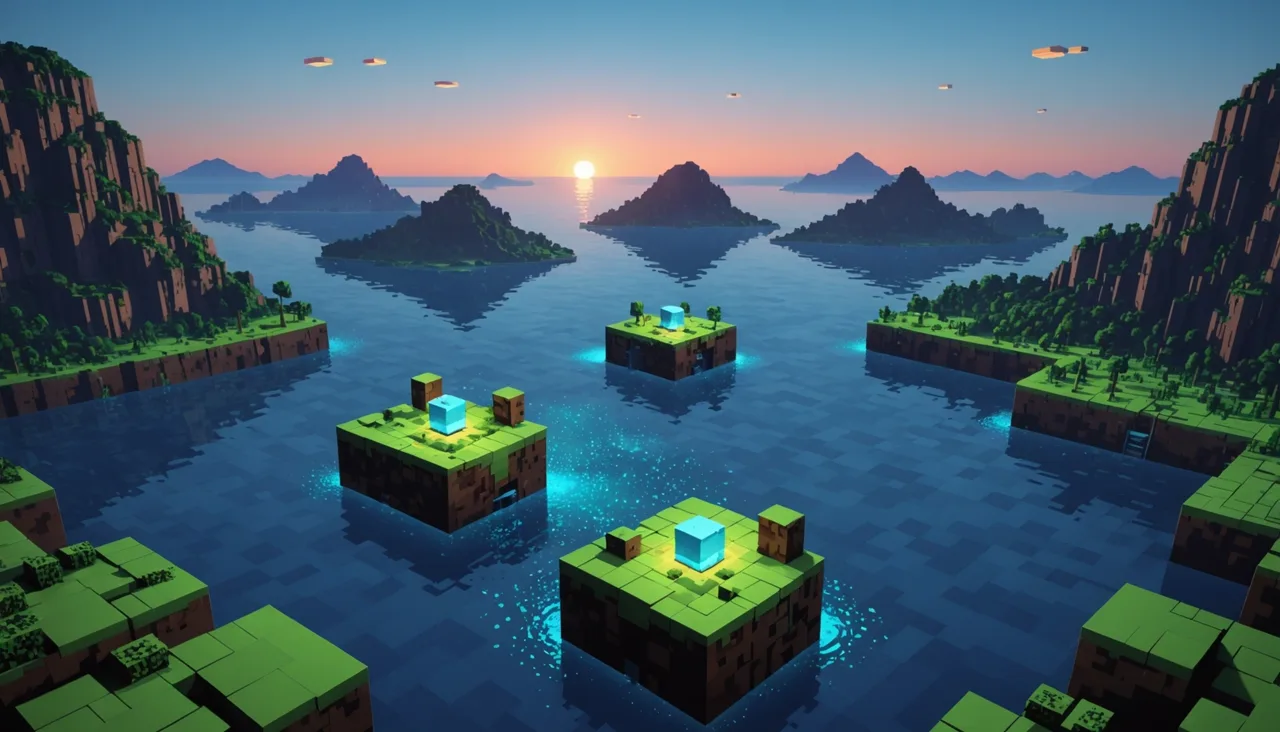 Voxel islands at dusk separated by water, linked by a glowing cyan trail — fixing a Minecraft server connection error