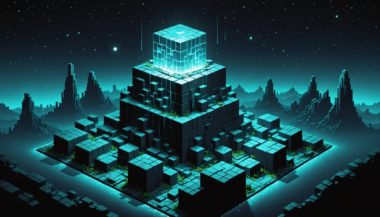A glowing overloaded cube core on a dark voxel ziggurat at night — the Minecraft server out of memory error