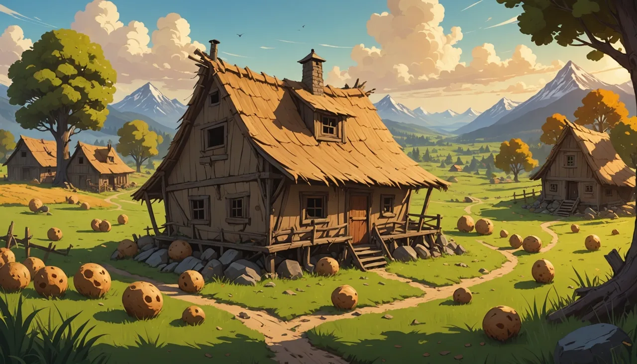 A stylised ranch on a green plateau with large speckled eggs resting in the grass — Palworld breeding