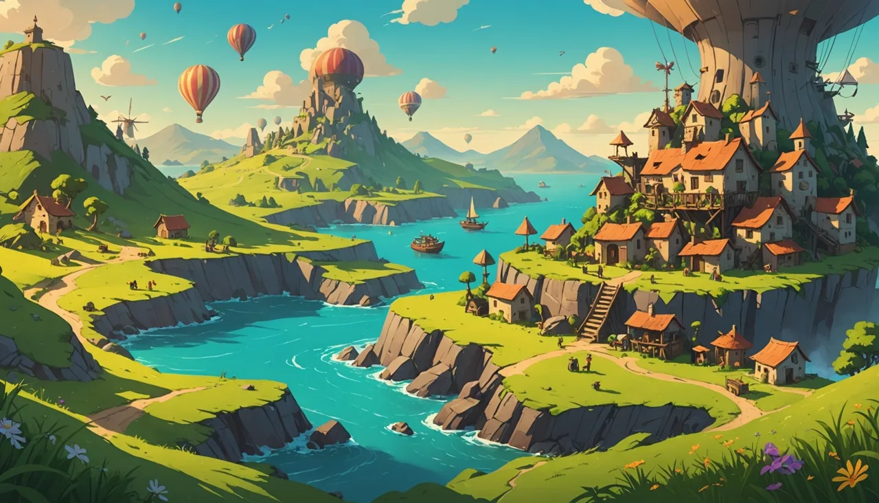 A stylised survival island with cliffside villages and balloons at golden hour — Palworld server settings